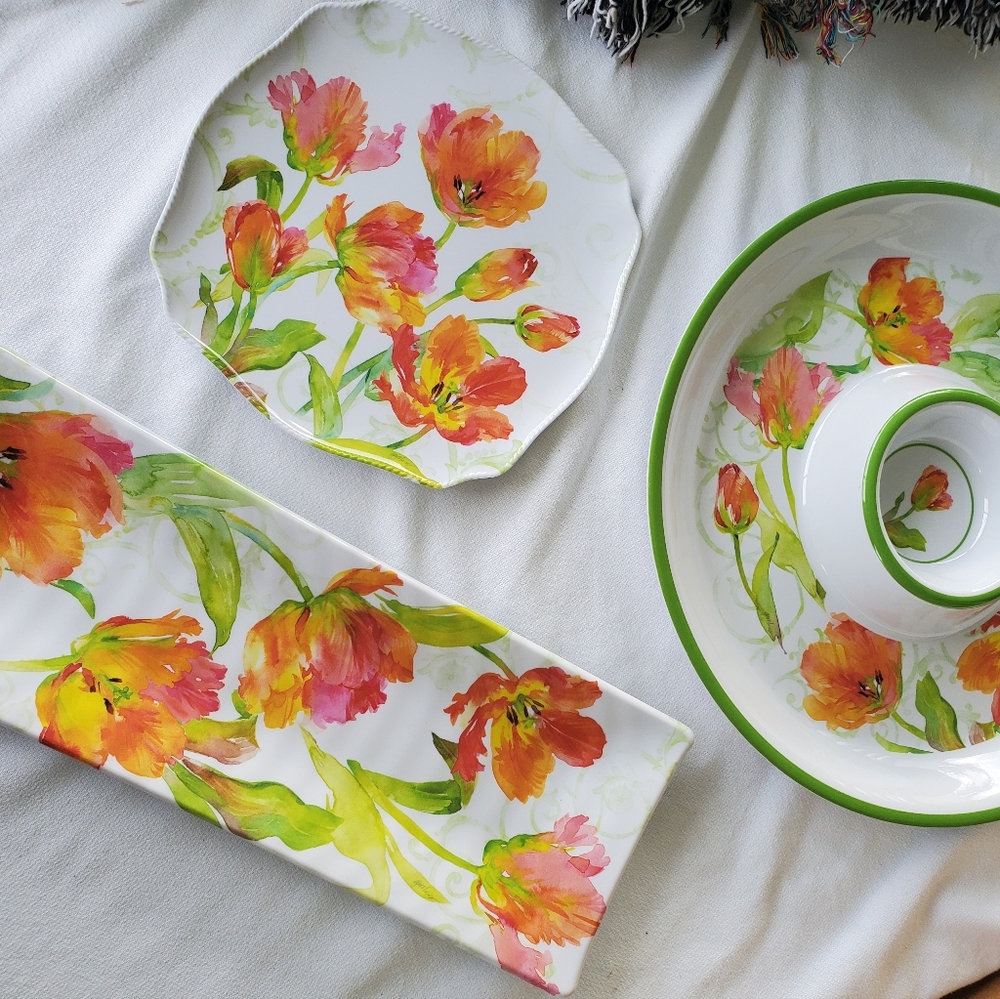 Floral Orange Tulip melamine Serveware Set - Bright Orange & Green
